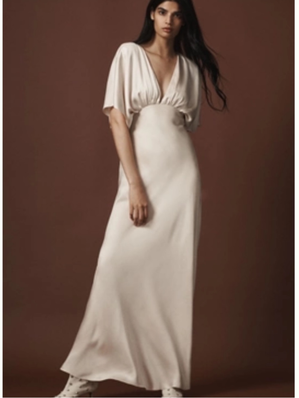 BHLDN Amelia Deep V Flutter Sleeve Satun A Line Gown